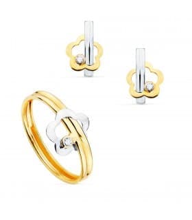 Juego Primera Comunión Oro Bicolor 18K Flor conjunto de comunion