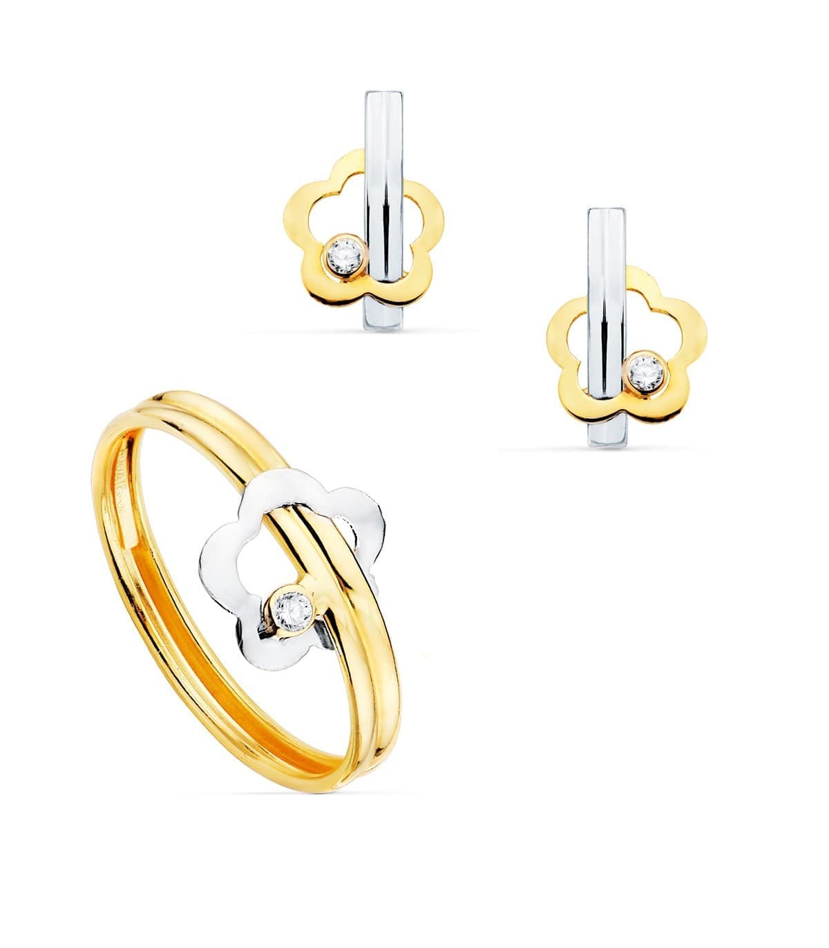 Juego Primera Comunión Oro Bicolor 18K Flor conjunto de comunion