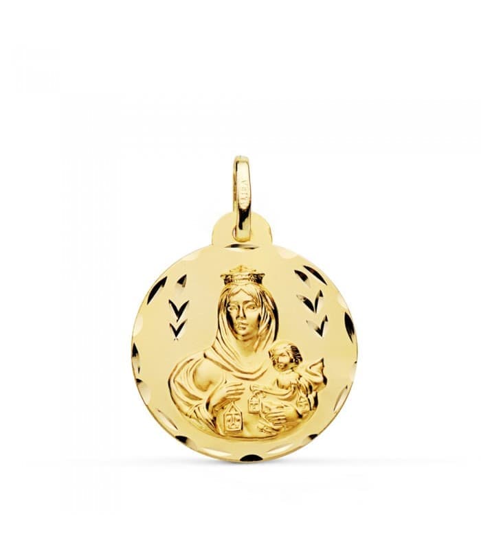 Scapulaire Vierge du Carmel et Sacré Coeur de Jésus Or 18 K 22 mm Sculptée