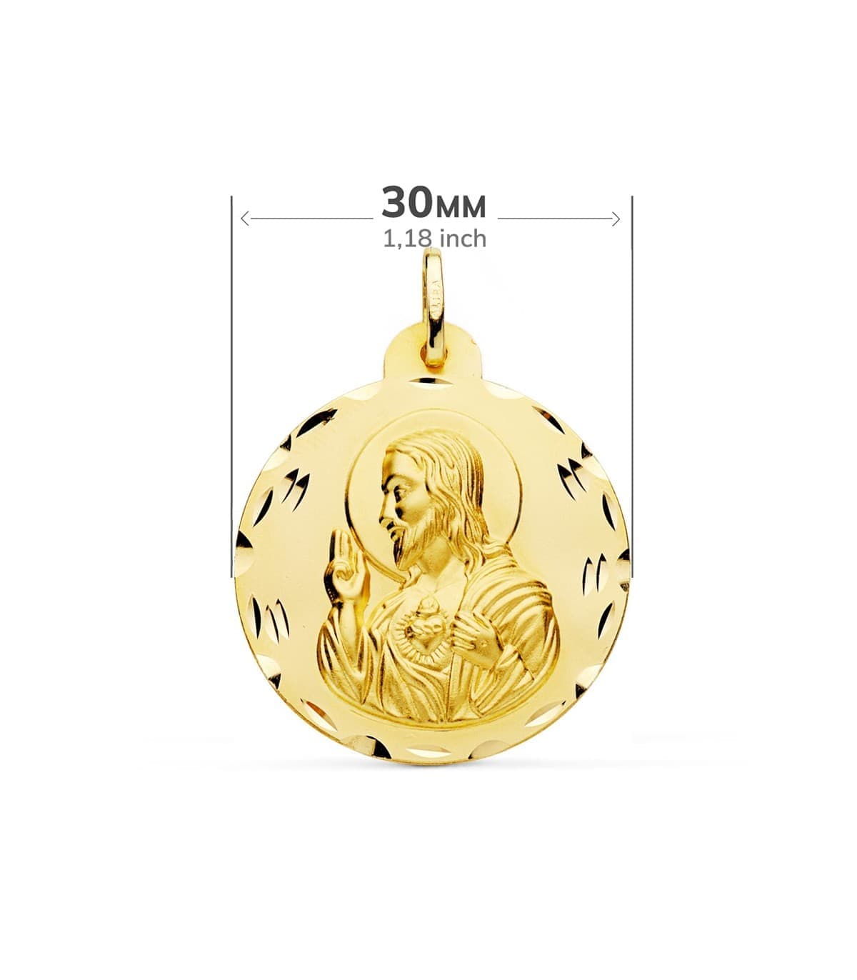 Escapulario Virgen Carmen y Corazón Jesús Medalla Oro tallada 18k 30 mm