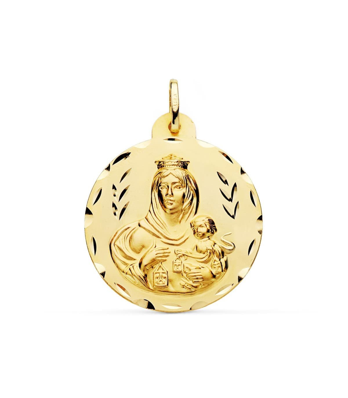 Escapulario Virgen Carmen y Corazón Jesús Medalla Oro tallada 18k 30 mm