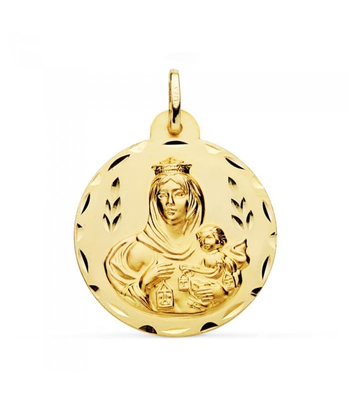 Scapulaire Vierge du Carmel et Sacré Coeur de Jésus Or 18 K 28mm Sculptée