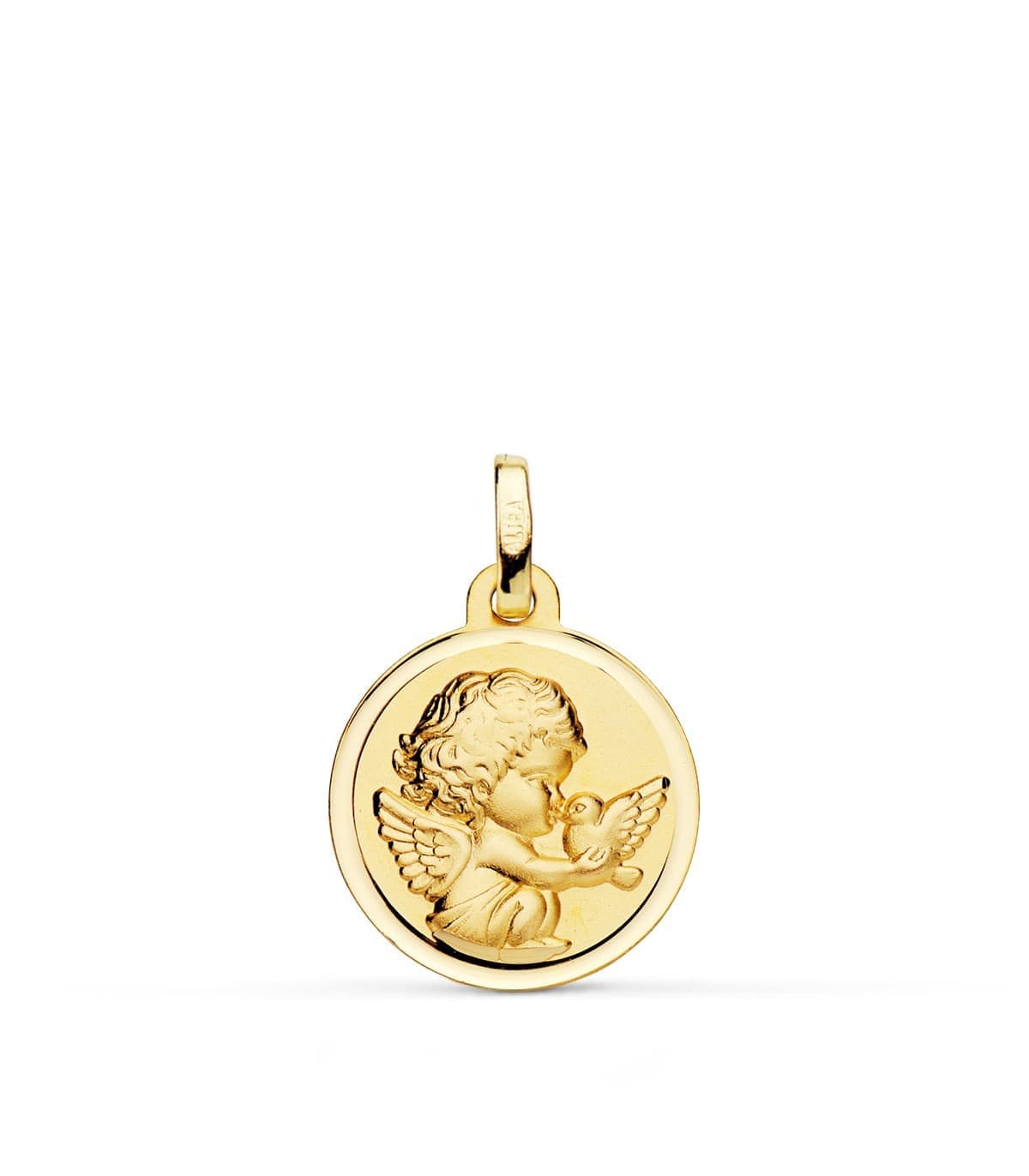 Engel und Taube Anhänger gravierbar, Taufmedaille 18K Gelbgold, 16 mm | P9350-116