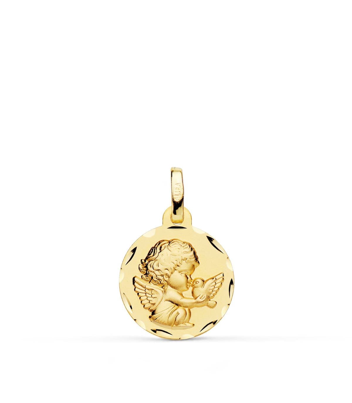 Medalla Ángel Burlón y Pájaro Oro Amarillo 18 Ktes 14MM