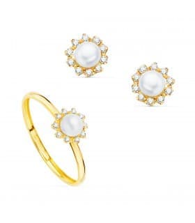 Parure Bijoux Fille Or Jaune 18K Perle et Zircones. Boucles d'oreilles et bagues pour fillettes.