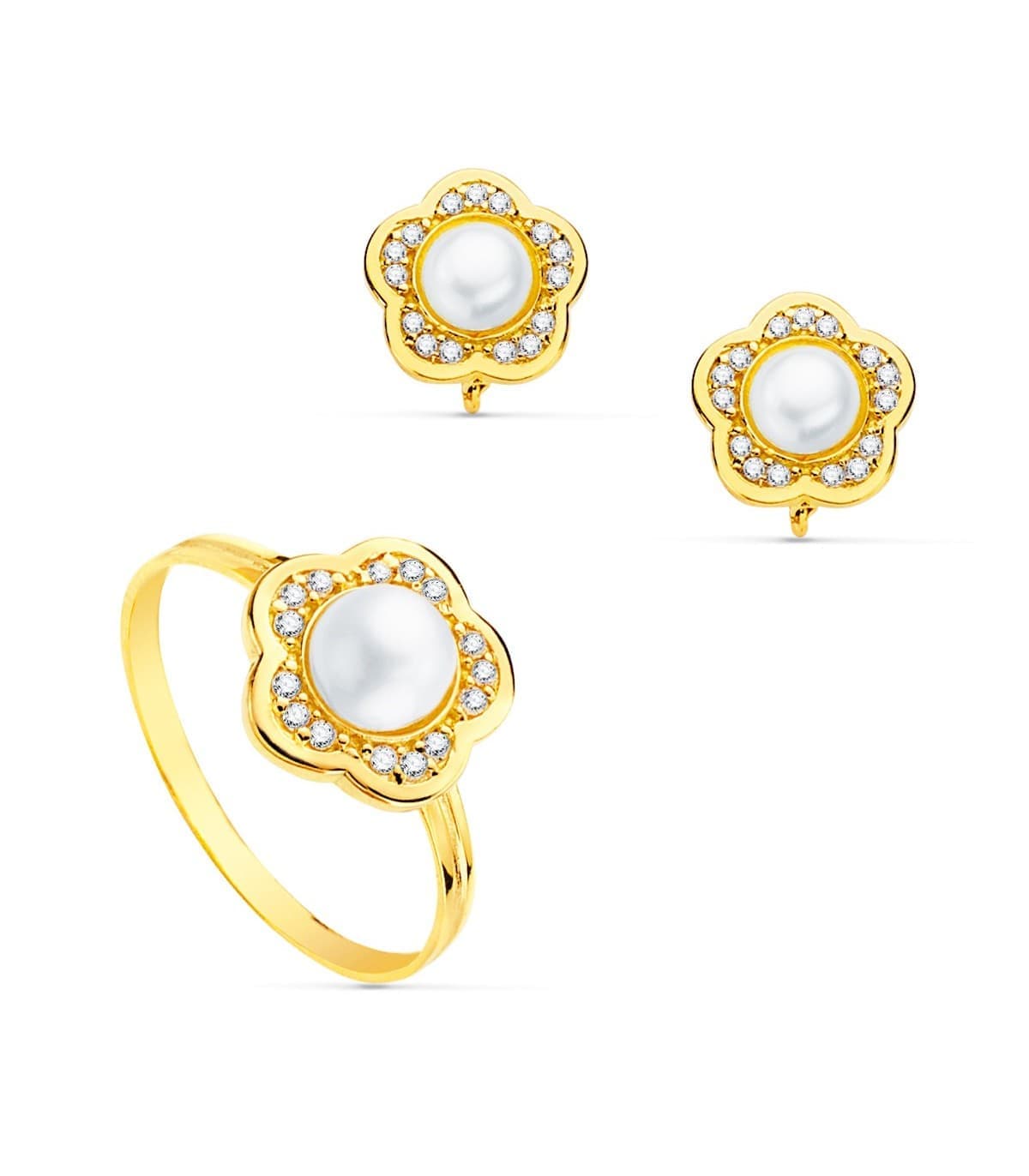 Parure Bijoux Fille Or 18K Fleur pavé et perle. Set de bijoux fille. Cadeaux première communion.