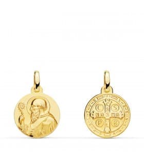 Médaille religieuse Saint Benoit Or jaune 18 carats 14 mm Patron d'Europe