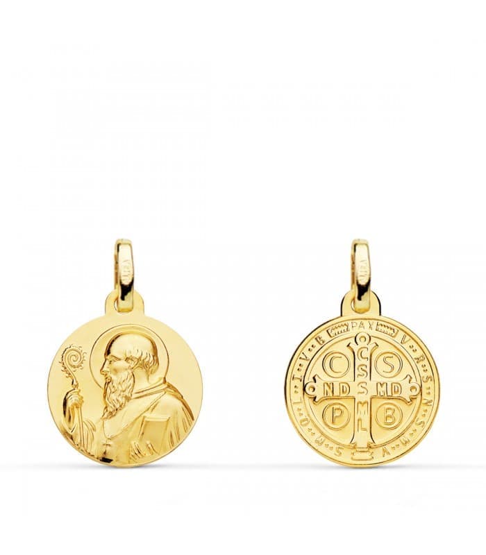 Médaille religieuse Saint Benoit Or jaune 18 carats 14 mm Patron d'Europe
