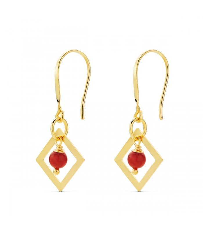 Boucles d'oreilles Losange Femme Corail / Turquoise Or Jaune 18K
