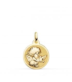 Medaglia da battesimo con angelo custode e colomba 16 mm, satinata e opaca, oro 18kt