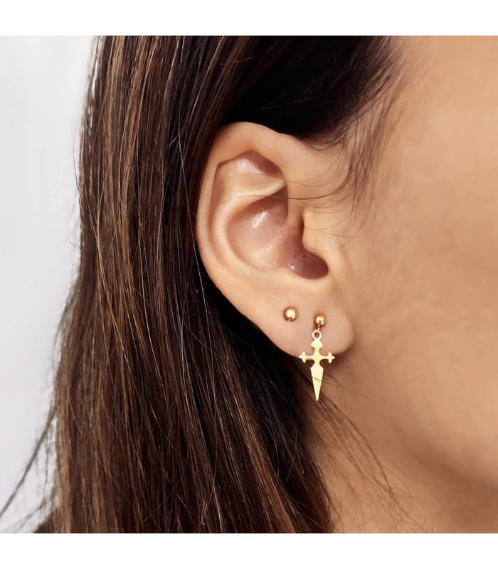Pendientes Cruz Colgante Oro Amarillo 18K