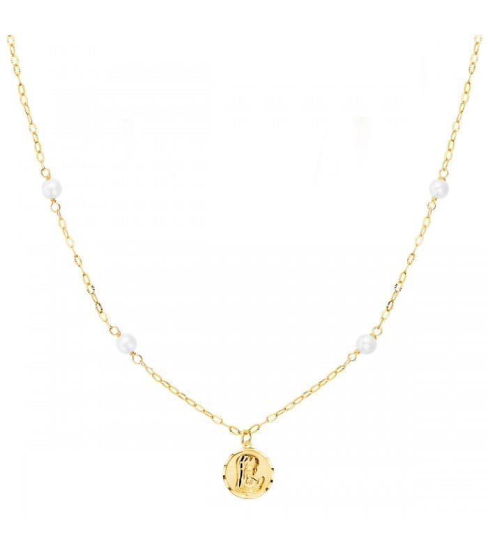 Collar Medalla Virgen Niña Perlas Oro 18K  40cm