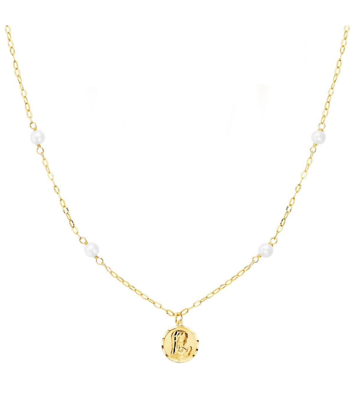 Collar Medalla Virgen Niña Perlas Oro 18K  40cm