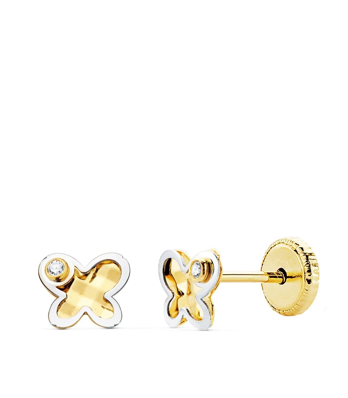 Orecchini bambina Ragna Due in oro giallo e bianco 18kt, design a farfalla 5mm