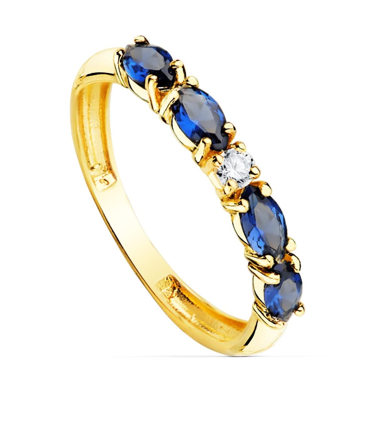 Bague 5 Pierres Or Jaune 18K Marquise Bleue