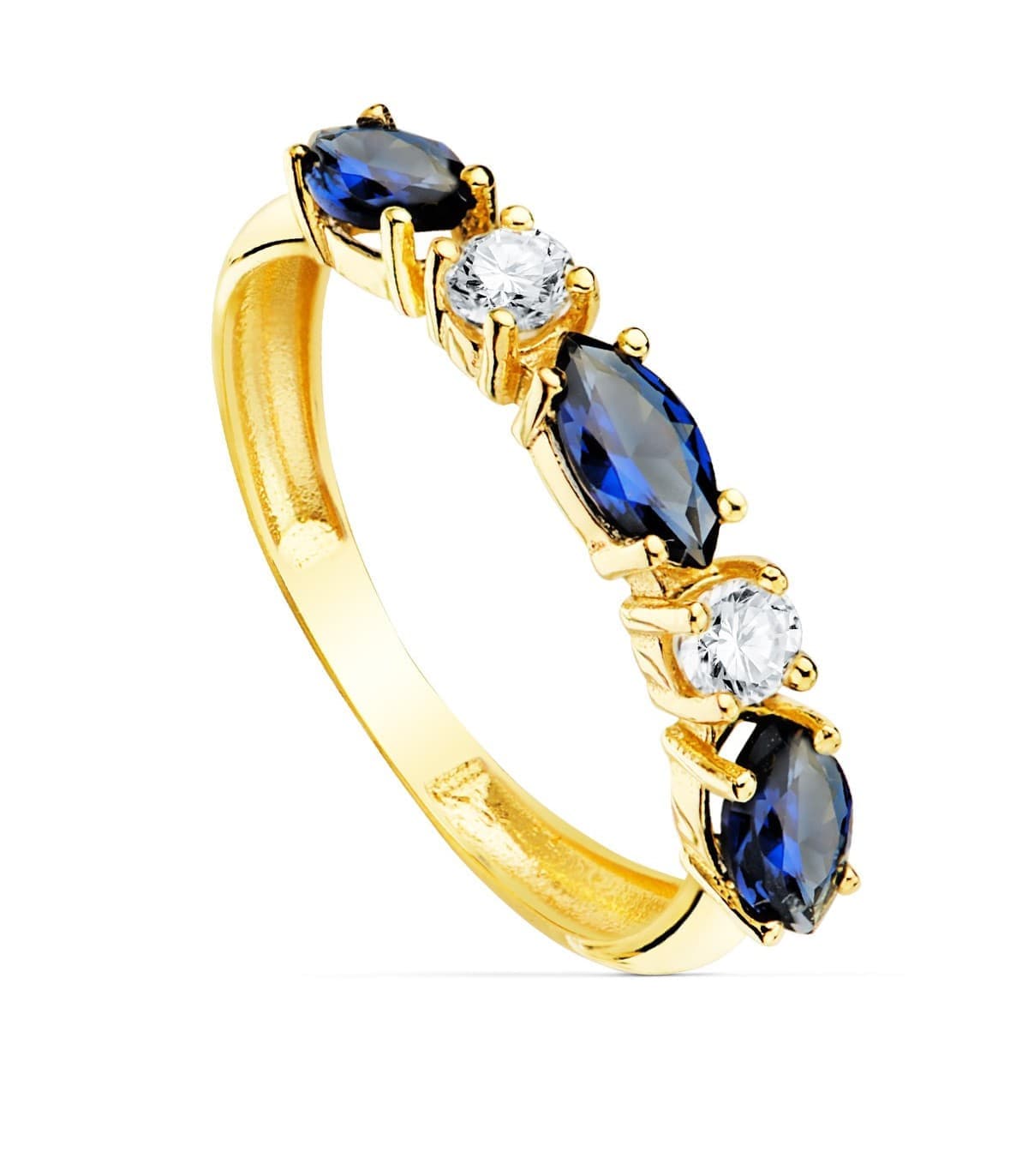 Memoire-Ring mit blauen Zirkonia in Marquis-Schliff und Krappenfassung.