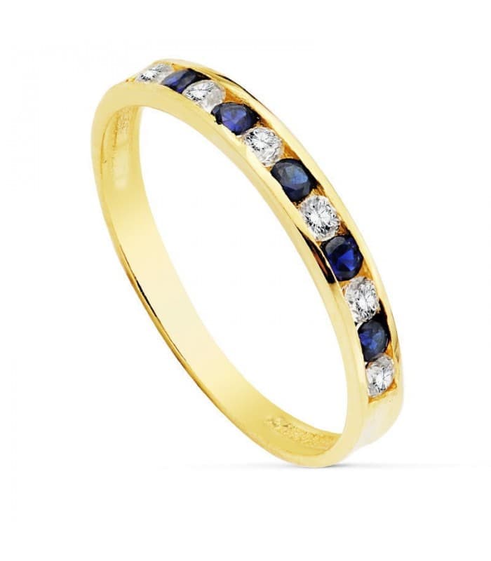 Sortija oro 18K Romina Carril Azul Cristal piedras colores media alianza