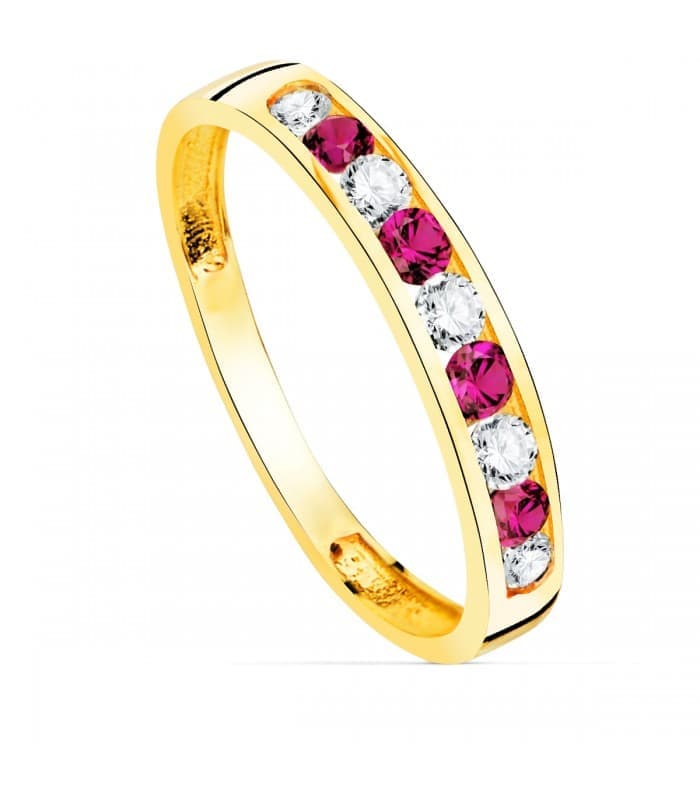 Sortija mujer Disco Oro Amarillo 18K Piedras Fucsia
