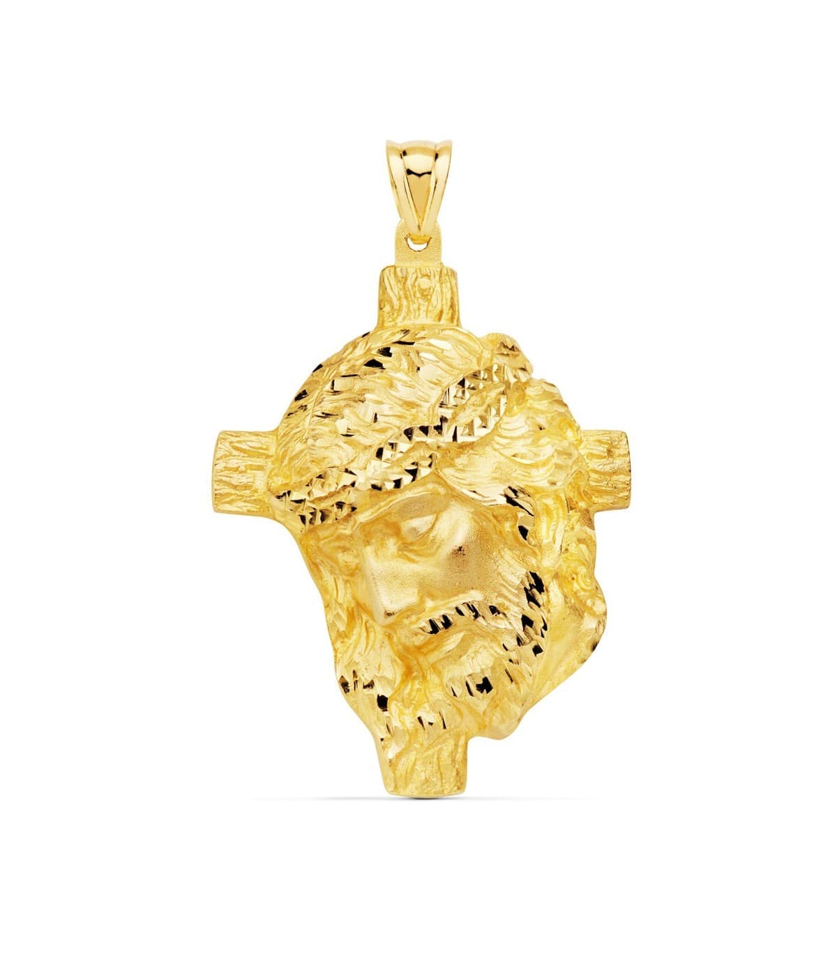 Jesuskopf-Anhänger aus 750er Gelbgold – religiöser Christus Kopf mit Kreuz 48 mm