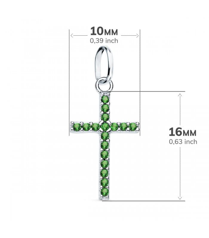 Ciondolo Croce con pietre verde in oro bianco, 16 mm, ideale collana da donna