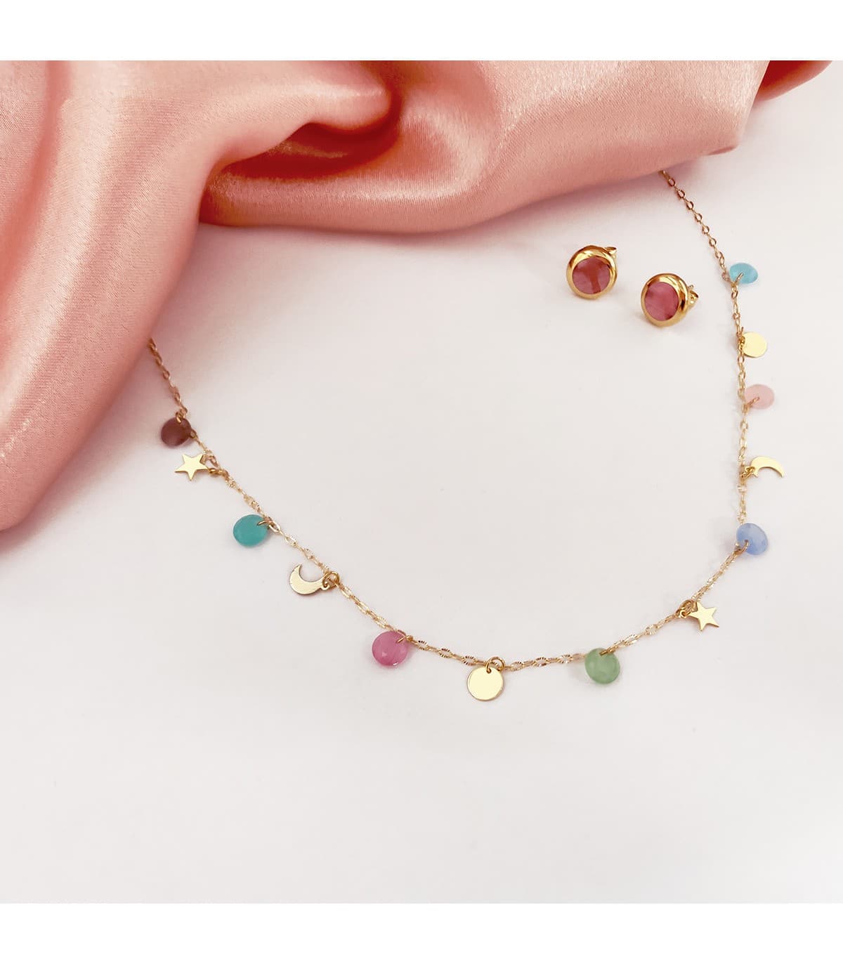 Pendientes Oro Amarillo 18K Lilo Piedra Rosa calcedonia gemas colores invitada de boda chaton circonita color dormilona