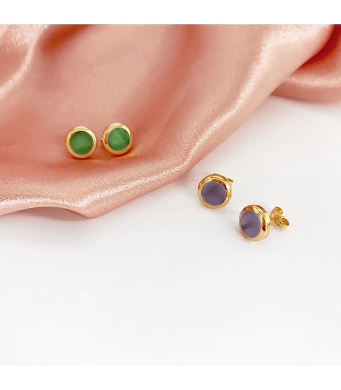 Pendientes Oro Amarillo 18K  Lilo Piedra Púrpura gemas colores invitada boda