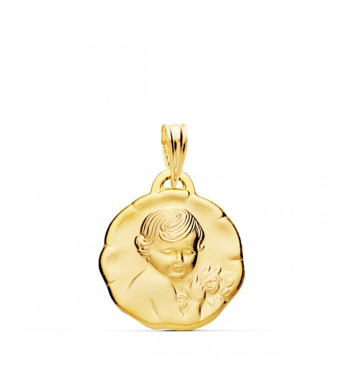 Medaglia Battesimo bambino a fiore Oro 18kt 17mm satinata