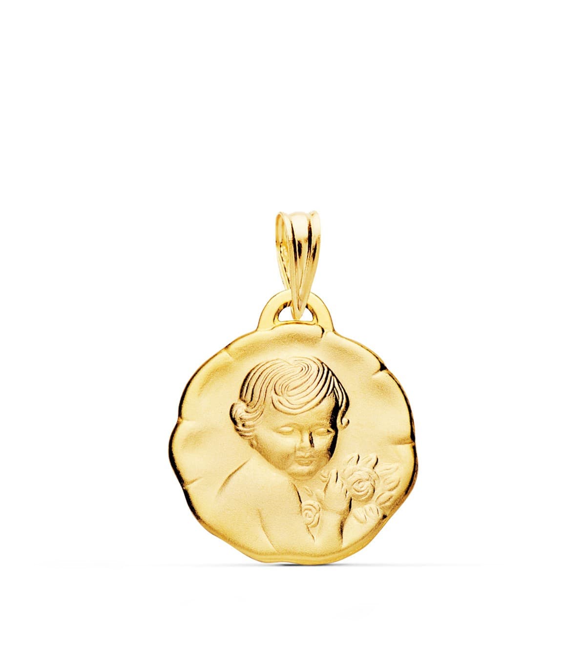 Medaglia Battesimo bambino a fiore Oro 18kt 17mm satinata