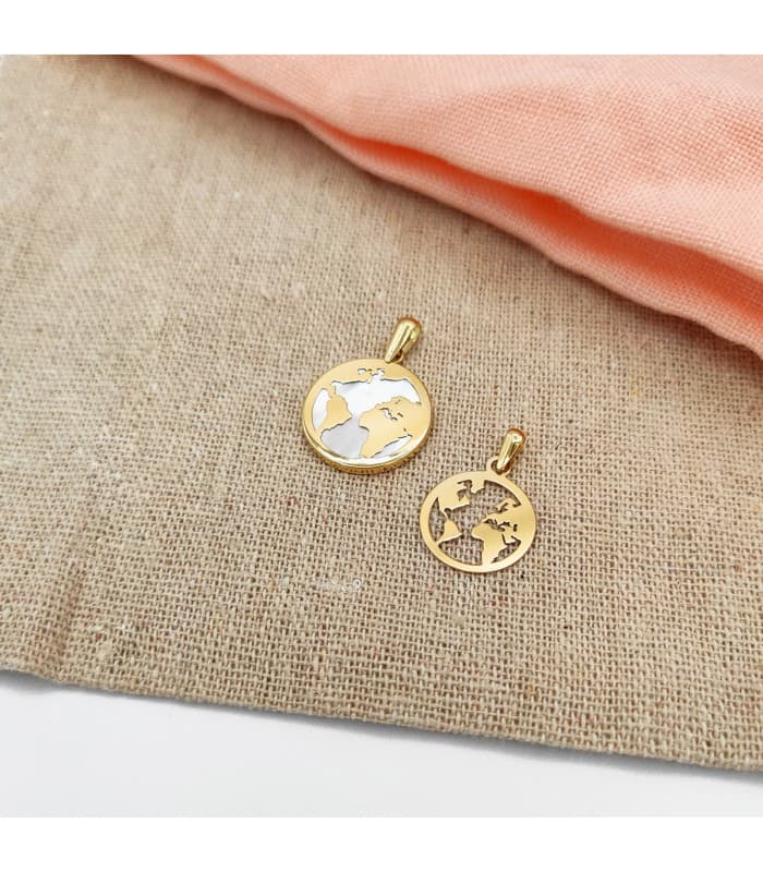 Weltkarte Anhänger Perlmutt 750 Gold, 17 mm, Halskette und Kettenanhänger