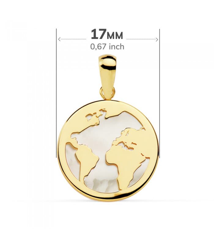 Damenanhänger aus 18 Karat Gelbgold, Weltkugel aus Perlmutt, Ø 17 mm, Halskette mit Weltkarte