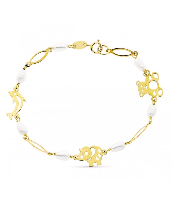 Pulsera 1ª  Comunión Oro 9K 17 cm Animales y Perlas