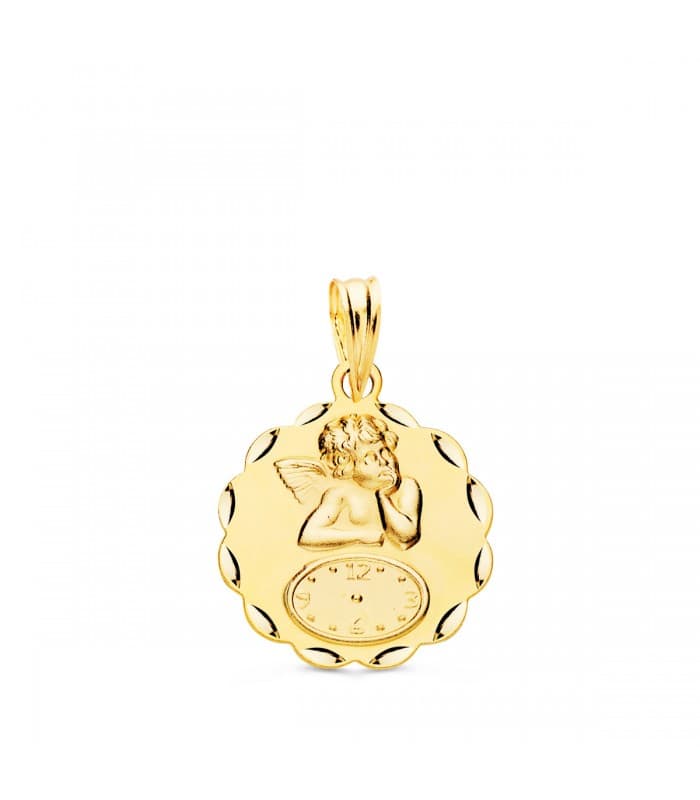 Médaille Ange avec horloge Feuilles Or 18K