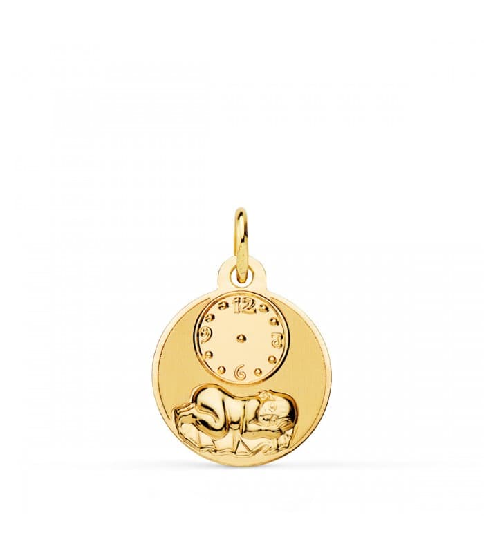 Medalla Niño y Reloj Redonda oro 18K 15mm