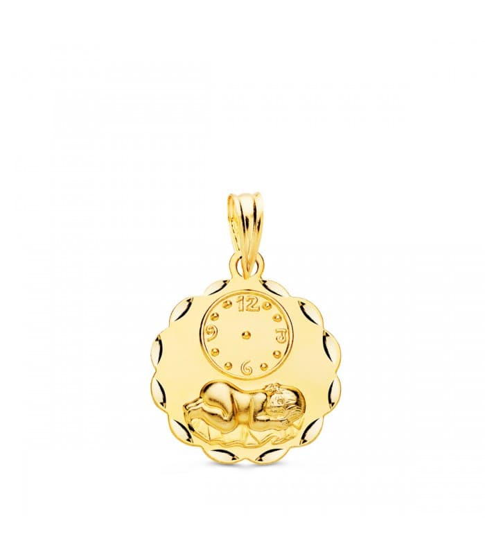 Médaille enfant et horloge feuilles or 18 carats