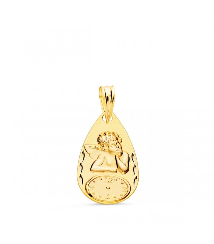 Medalla  ángel  y reloj gota oro 9ktes