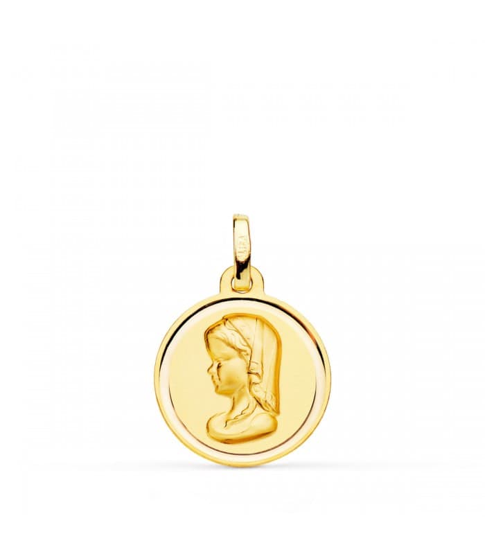 Medaglia Comunione Madonnina, Ciondolo oro giallo bordo lucido 16 mm