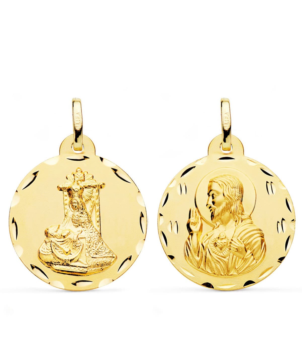 Virgen de las Angustias. Medalla religiosa tallada fabricada en España de oro 18 ktes
