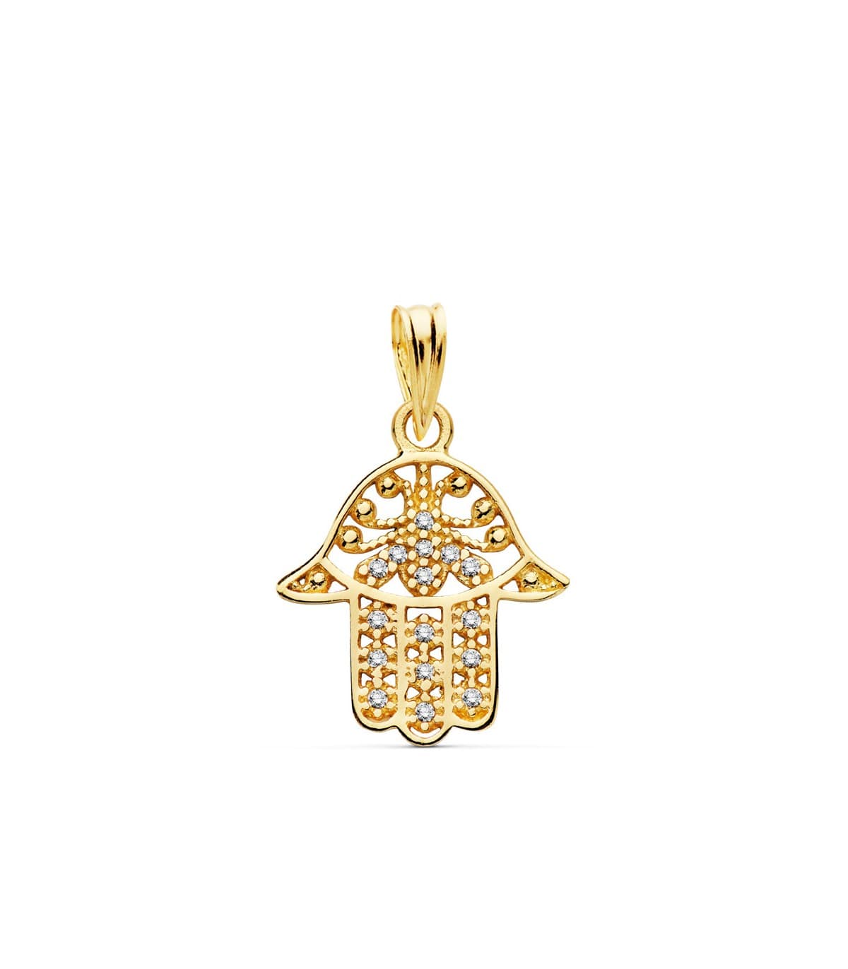 Colgante de la Mano de Fátima con circonitas y diseño calado, oro de 9 kilates, 15 mm - Joyas y amuletos de buena suerte