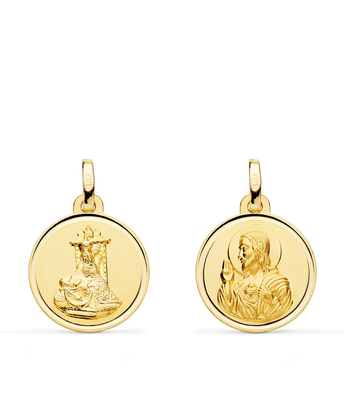 Medalla Virgen de las Angustias y Corazón de Jesús Oro Amarillo 18 K 16 MM