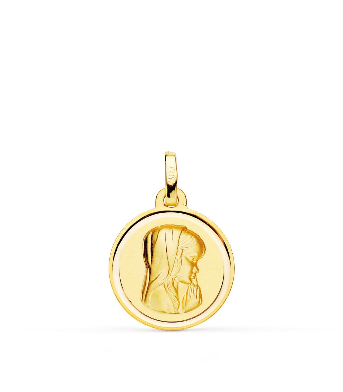 Ciondolo 16mm Madonna in preghiera d'oro giallo 750‰, per comunione o battesimo