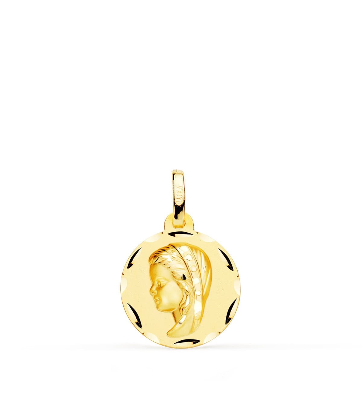 Medalla Virgen Niña Tallada Oro Amarillo 18 K 14 MM