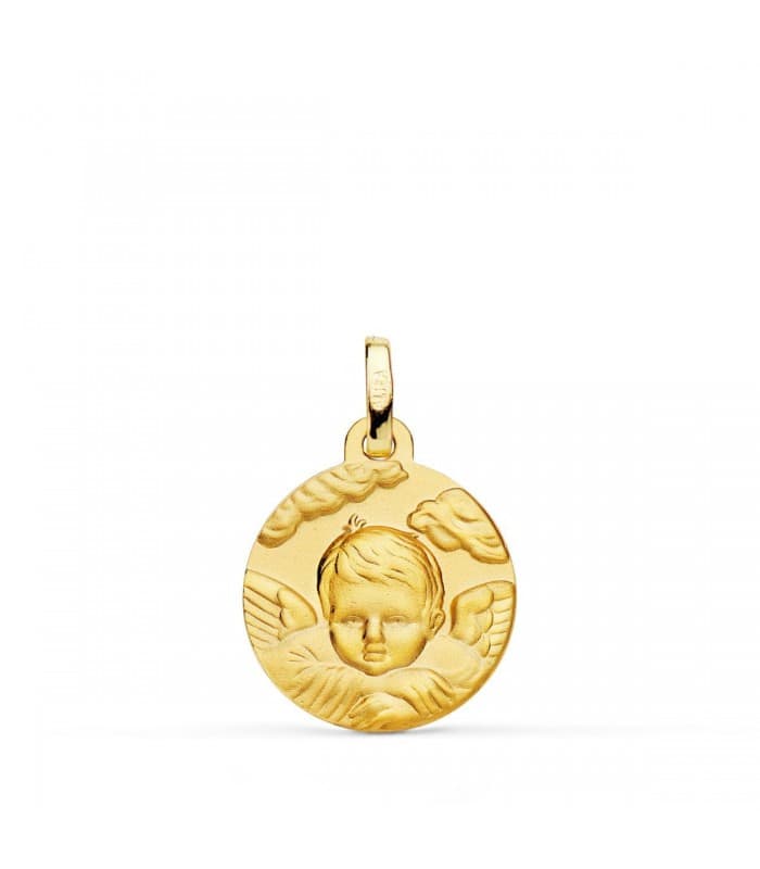 Medaglia Battesimo con Angelo Custode nuvola oro 18 kt 16 mm satinata