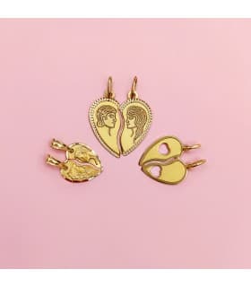 Colgante con corazón dividido en dos piezas, oro 18k, 13 mm, regalo pareja.