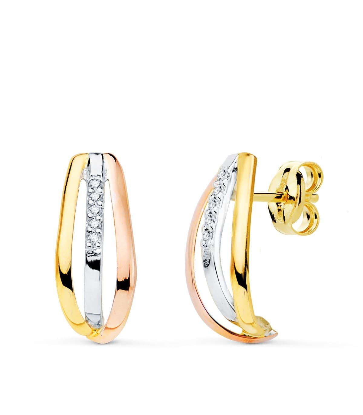 Ohrringe Gold für Damen, Glatt, Gewölbte, 18K dreifarbiges Gold- 1 Paar Ohrstecker, Creolen Form