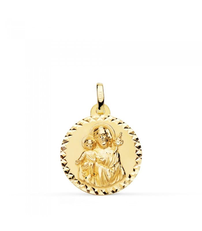 San Giuseppe con il Bambino Gesù in oro 18kt 18mm diamantata - Medaglia religiosa cattolica