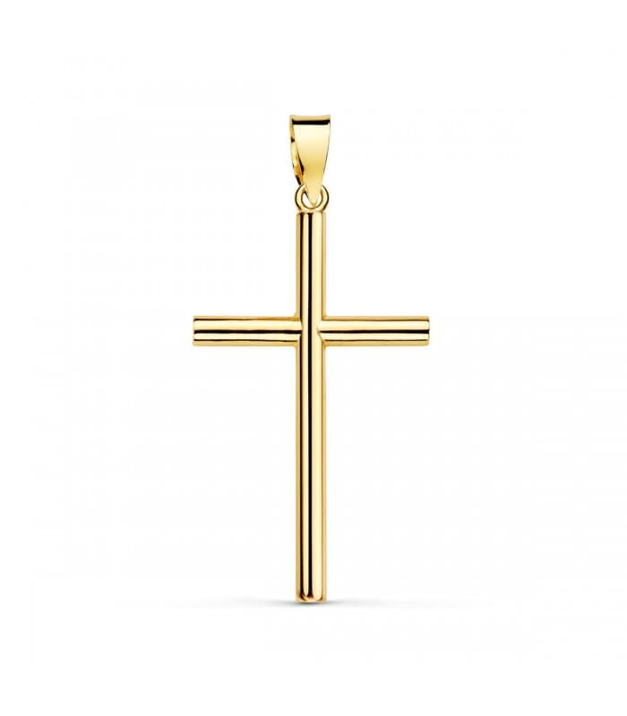 Croce tubolare in oro giallo 18 Kt 26 mm - Ciondolo battesimo e comunione per bambini