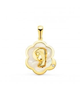 Medalla Comunión Oro 18K Virgen niña Nácar Nube
