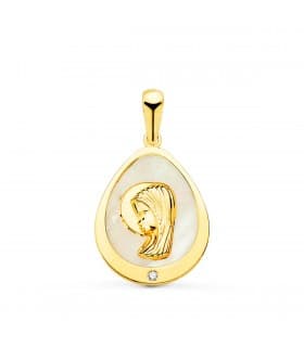 Medalla Comunión Oro 18K Virgen niña Nácar Lágrima