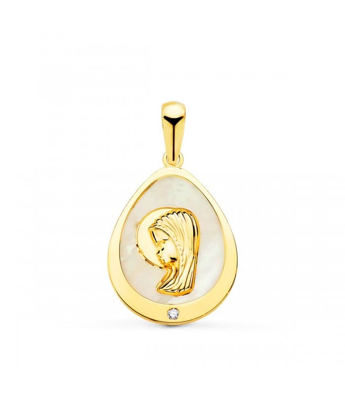 Medalla Comunión Oro 18K Virgen niña Nácar Lágrima
