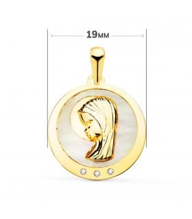Medalla Comunión Oro 18K Virgen niña Nácar 19mm